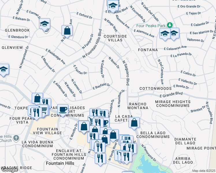 map of restaurants, bars, coffee shops, grocery stores, and more near 16735 East Bayfield Drive in Fountain Hills
