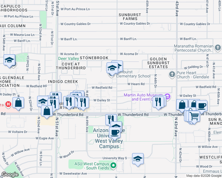 map of restaurants, bars, coffee shops, grocery stores, and more near 14050 North 47th Avenue in Glendale