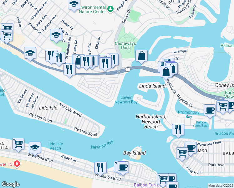 map of restaurants, bars, coffee shops, grocery stores, and more near 2732 Bayshore Drive in Newport Beach