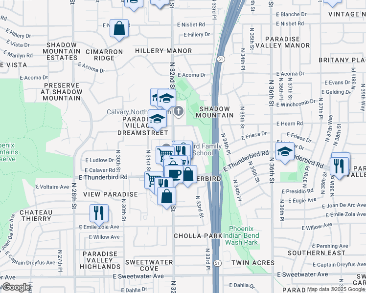 map of restaurants, bars, coffee shops, grocery stores, and more near 3211 East Friess Drive in Phoenix