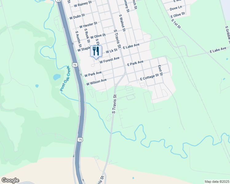 map of restaurants, bars, coffee shops, grocery stores, and more near 2206 South Travis Street in Sherman