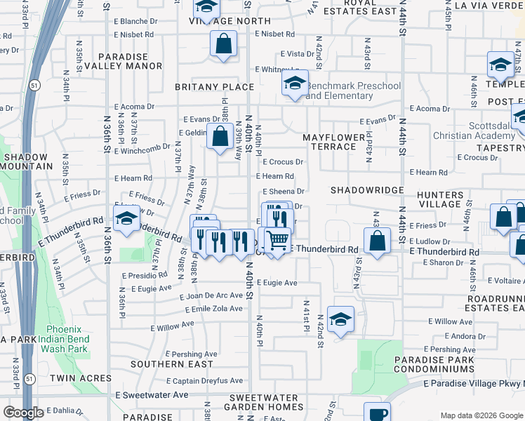 map of restaurants, bars, coffee shops, grocery stores, and more near 4032 East Ludlow Drive in Phoenix