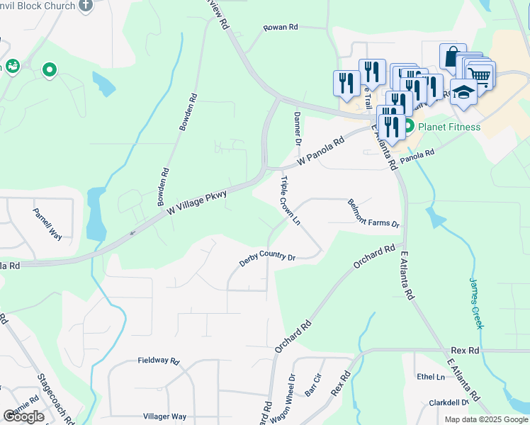 map of restaurants, bars, coffee shops, grocery stores, and more near 10 Canyon Cove in Ellenwood