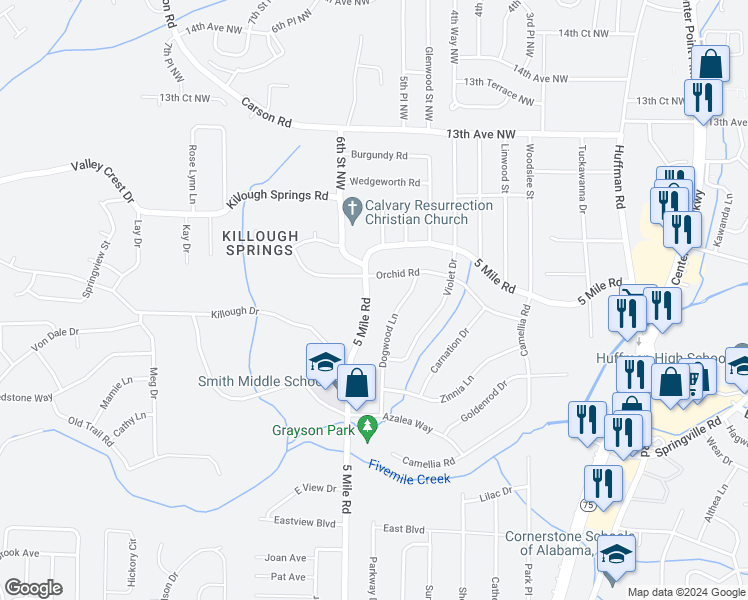 map of restaurants, bars, coffee shops, grocery stores, and more near 1177 5 Mile Road in Birmingham