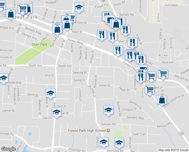 map of restaurants, bars, coffee shops, grocery stores, and more near 5151 Warner Street in Forest Park