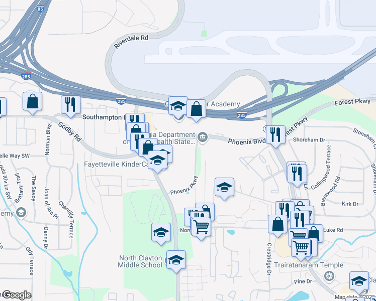 map of restaurants, bars, coffee shops, grocery stores, and more near 1720 Phoenix Boulevard in College Park