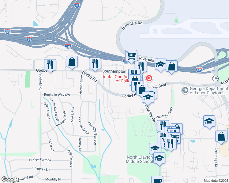 map of restaurants, bars, coffee shops, grocery stores, and more near 1935 Godby Road in Atlanta
