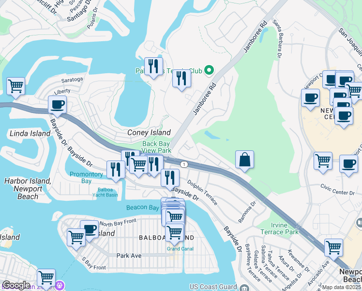 map of restaurants, bars, coffee shops, grocery stores, and more near 154 Villa Point Drive in Newport Beach