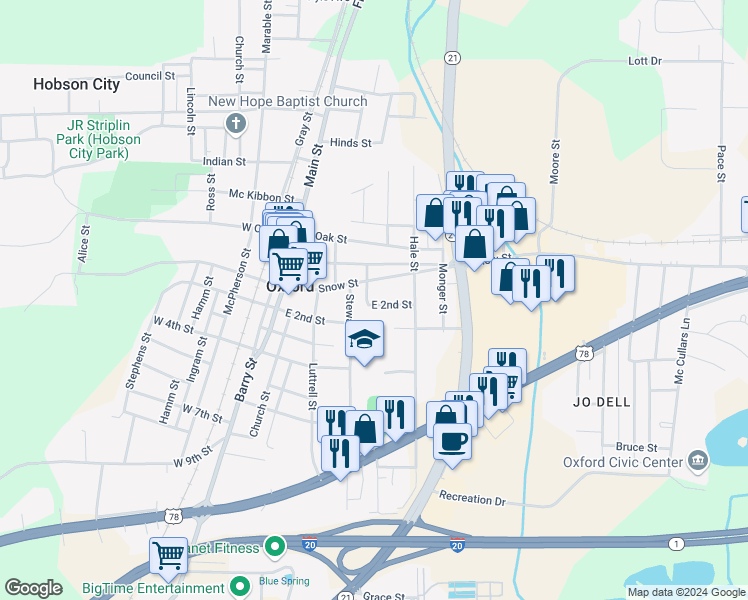 map of restaurants, bars, coffee shops, grocery stores, and more near 621 College Street in Oxford