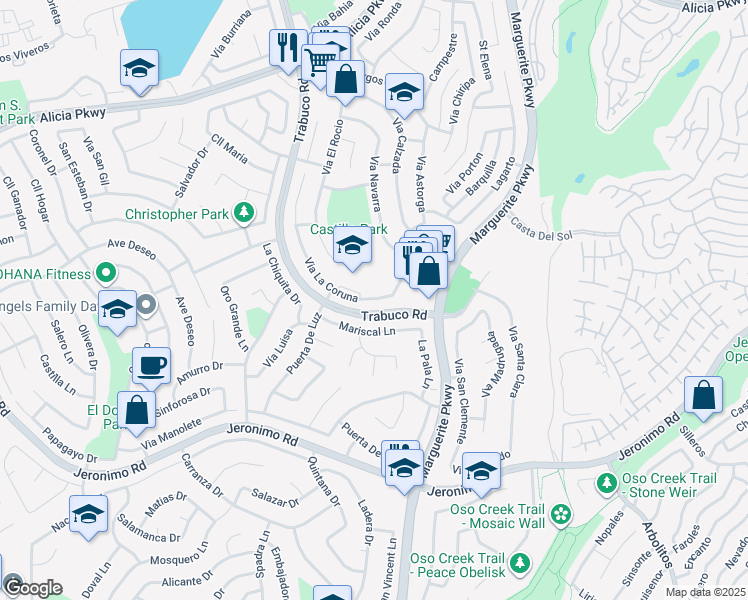 map of restaurants, bars, coffee shops, grocery stores, and more near 24055 Via La Coruna in Mission Viejo