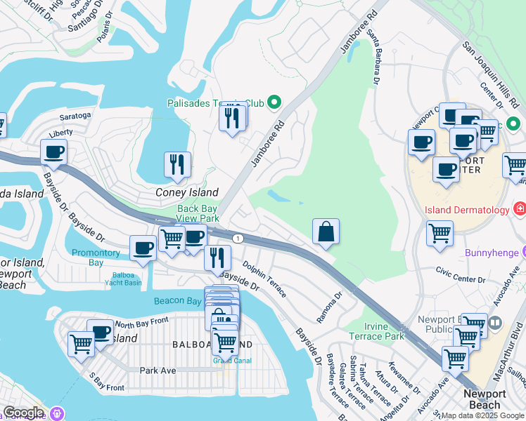 map of restaurants, bars, coffee shops, grocery stores, and more near 214 Villa Point Drive in Newport Beach