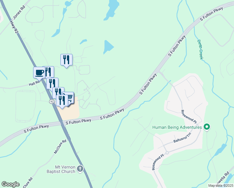 map of restaurants, bars, coffee shops, grocery stores, and more near 464 Village Lane in Fairburn