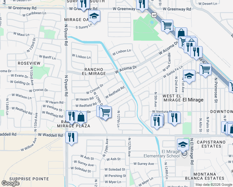 map of restaurants, bars, coffee shops, grocery stores, and more near 12738 West Via Camille in El Mirage
