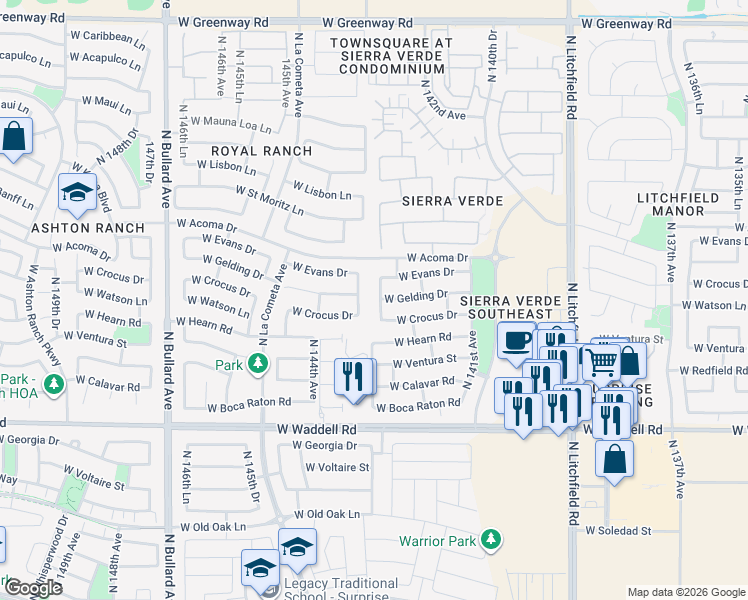 map of restaurants, bars, coffee shops, grocery stores, and more near 14290 North 142nd Lane in Surprise