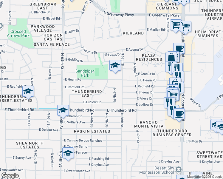 map of restaurants, bars, coffee shops, grocery stores, and more near 14002 North 67th Place in Scottsdale