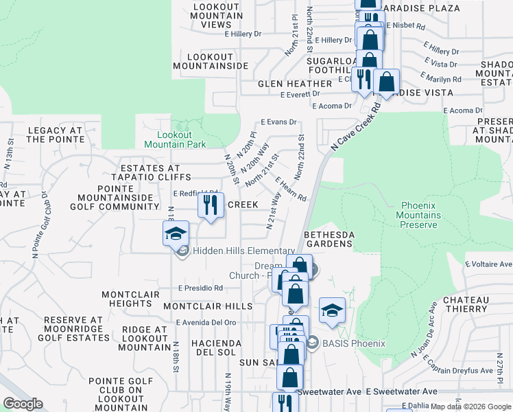 map of restaurants, bars, coffee shops, grocery stores, and more near 2105 East Sheena Drive in Phoenix