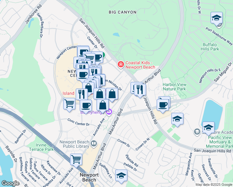 map of restaurants, bars, coffee shops, grocery stores, and more near 1441 Avocado Avenue in Newport Beach