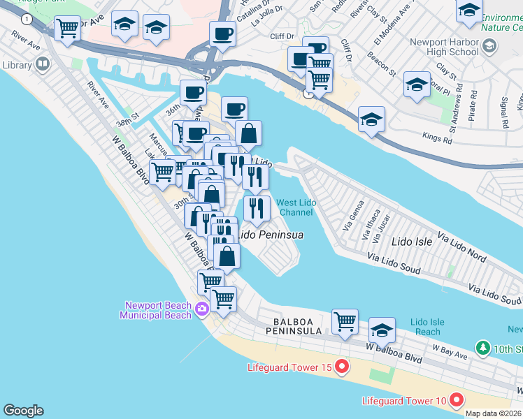 map of restaurants, bars, coffee shops, grocery stores, and more near 9 Bolivar Street in Newport Beach