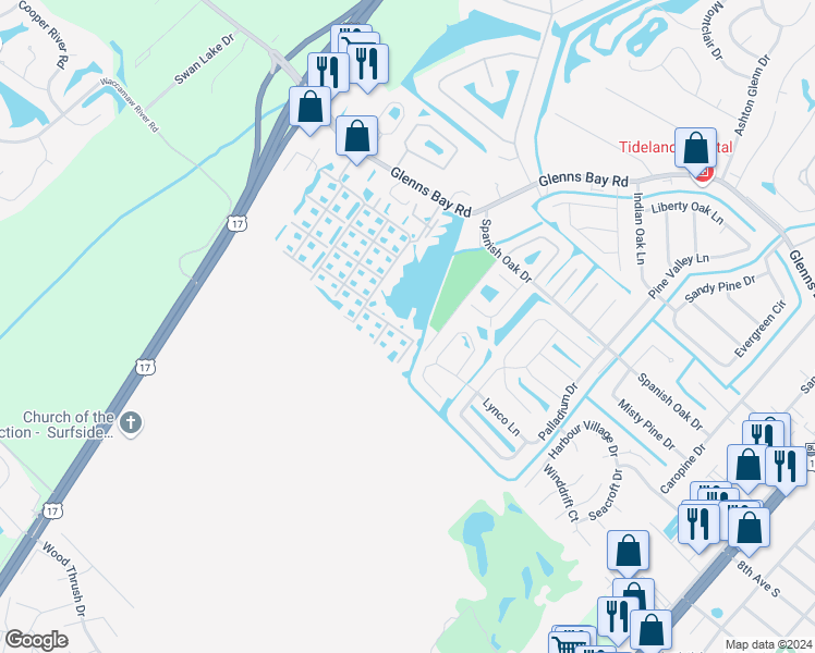 map of restaurants, bars, coffee shops, grocery stores, and more near 2150 Clearwater Drive in Surfside Beach