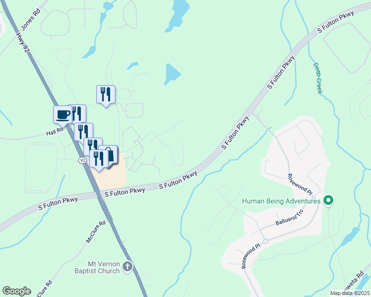 map of restaurants, bars, coffee shops, grocery stores, and more near 464 Village Lane in Fairburn