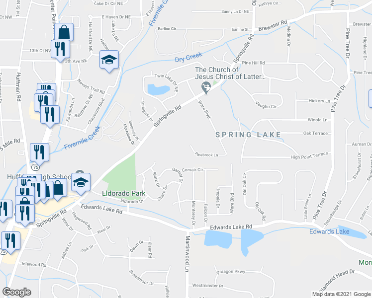 map of restaurants, bars, coffee shops, grocery stores, and more near 1305 Pinebrook Lane in Birmingham