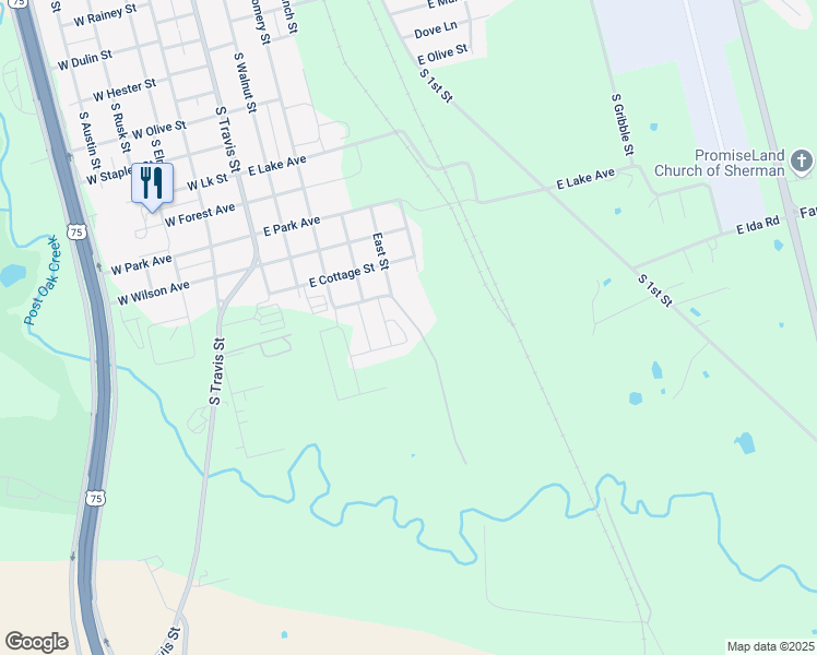 map of restaurants, bars, coffee shops, grocery stores, and more near 2268 East Street in Sherman