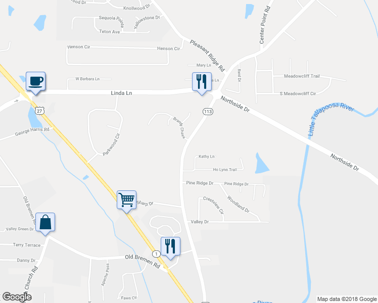 map of restaurants, bars, coffee shops, grocery stores, and more near 327 Highway 113 in Carrollton