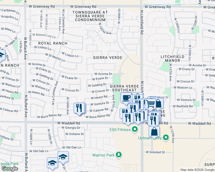 map of restaurants, bars, coffee shops, grocery stores, and more near 14158 West Crocus Drive in Surprise
