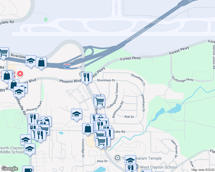 map of restaurants, bars, coffee shops, grocery stores, and more near 5189 Kingswood Circle in Atlanta