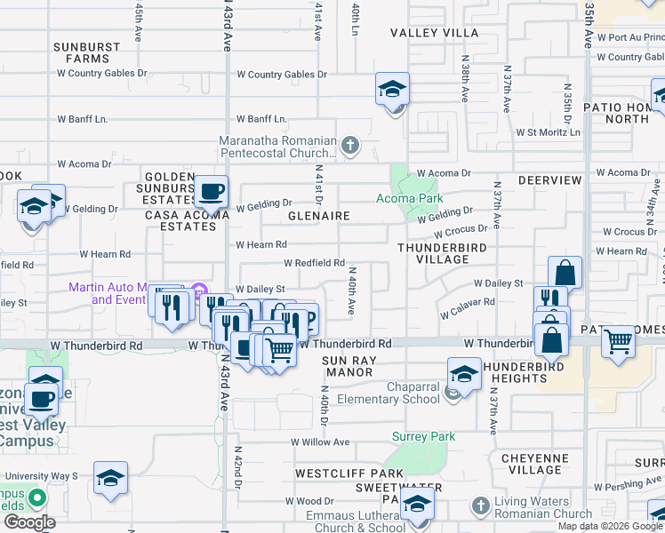 map of restaurants, bars, coffee shops, grocery stores, and more near 4101 West Redfield Road in Phoenix