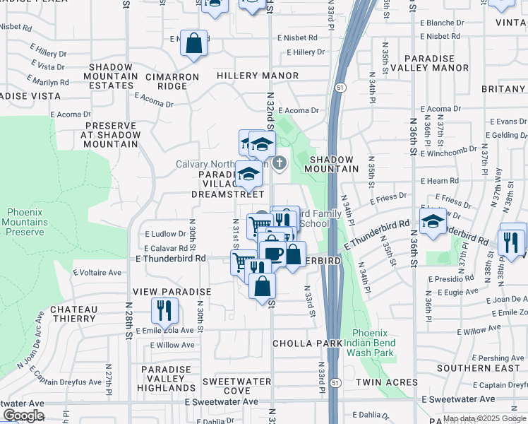 map of restaurants, bars, coffee shops, grocery stores, and more near 14014 North 32nd Street in Phoenix