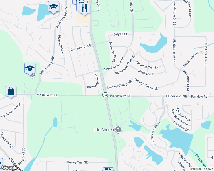 map of restaurants, bars, coffee shops, grocery stores, and more near 2137 Hickory Bend Southeast in Conyers