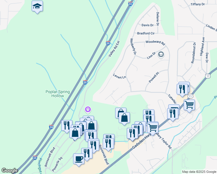 map of restaurants, bars, coffee shops, grocery stores, and more near 466 Woodward Road in Trussville