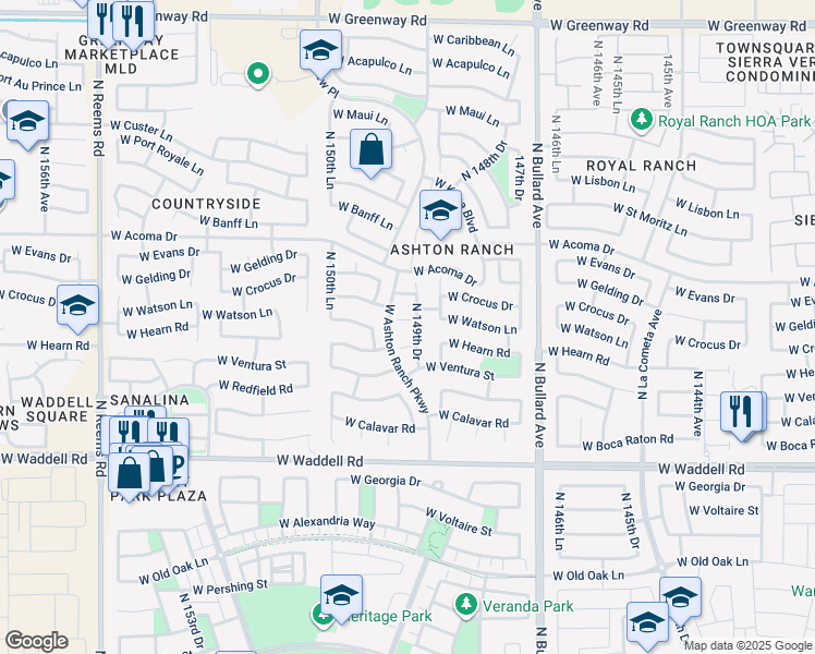map of restaurants, bars, coffee shops, grocery stores, and more near 14220 North 149th Drive in Surprise