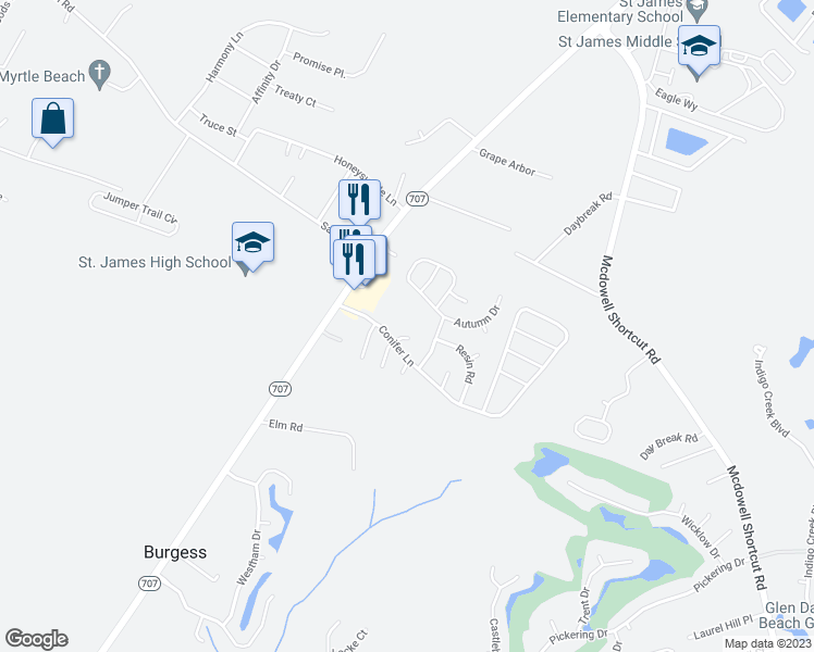 map of restaurants, bars, coffee shops, grocery stores, and more near 7992 Short Needle Court in Murrells Inlet
