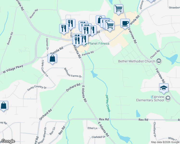 map of restaurants, bars, coffee shops, grocery stores, and more near 100 Northtowne Cove in Stockbridge