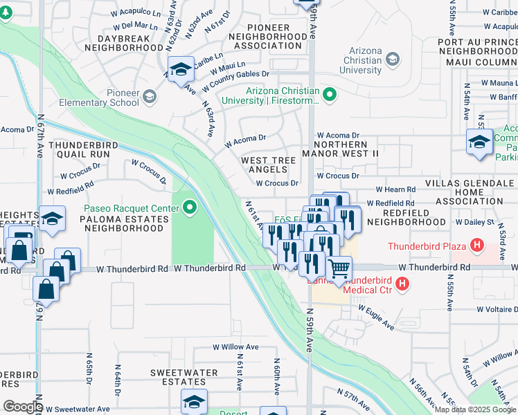 map of restaurants, bars, coffee shops, grocery stores, and more near 14046 North 61st Avenue in Glendale