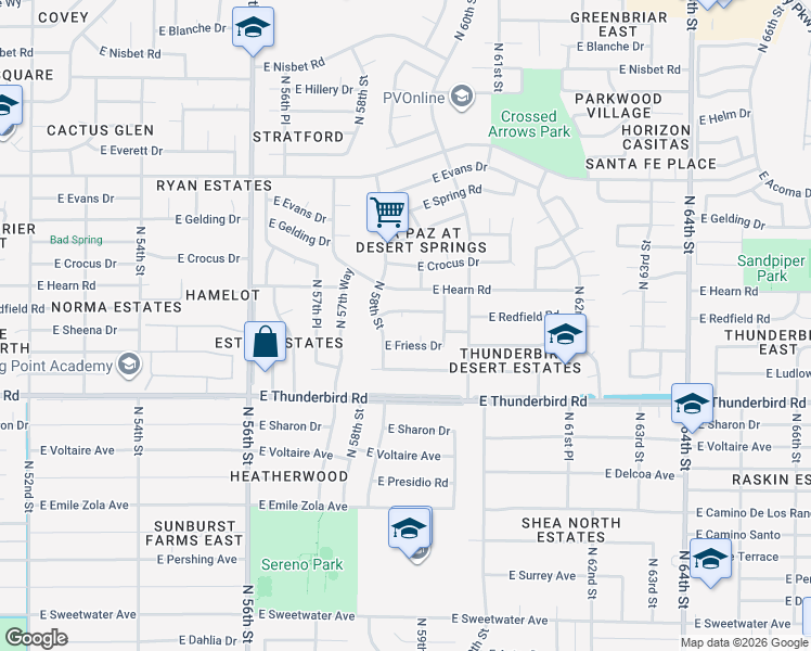 map of restaurants, bars, coffee shops, grocery stores, and more near 5826 East Friess Drive in Scottsdale
