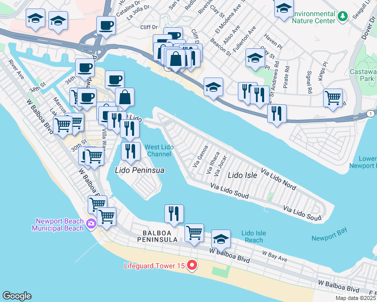 map of restaurants, bars, coffee shops, grocery stores, and more near 123 Via Florence in Newport Beach