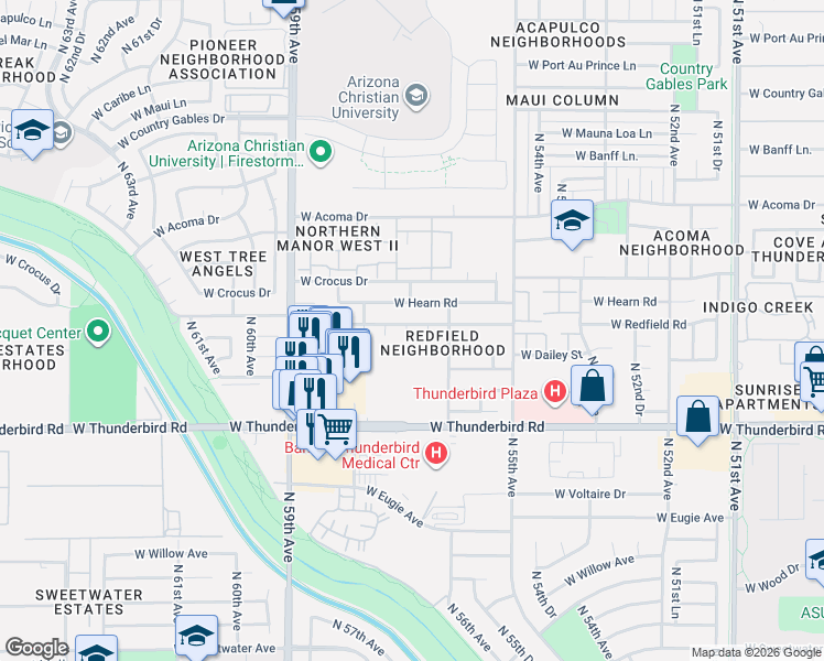 map of restaurants, bars, coffee shops, grocery stores, and more near 5613 West Redfield Road in Glendale