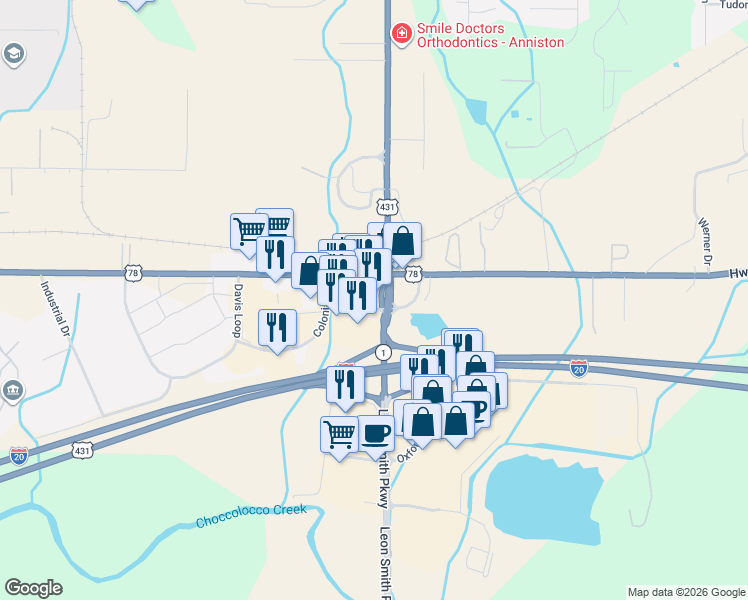 map of restaurants, bars, coffee shops, grocery stores, and more near Jimmy Hinton Drive in Oxford
