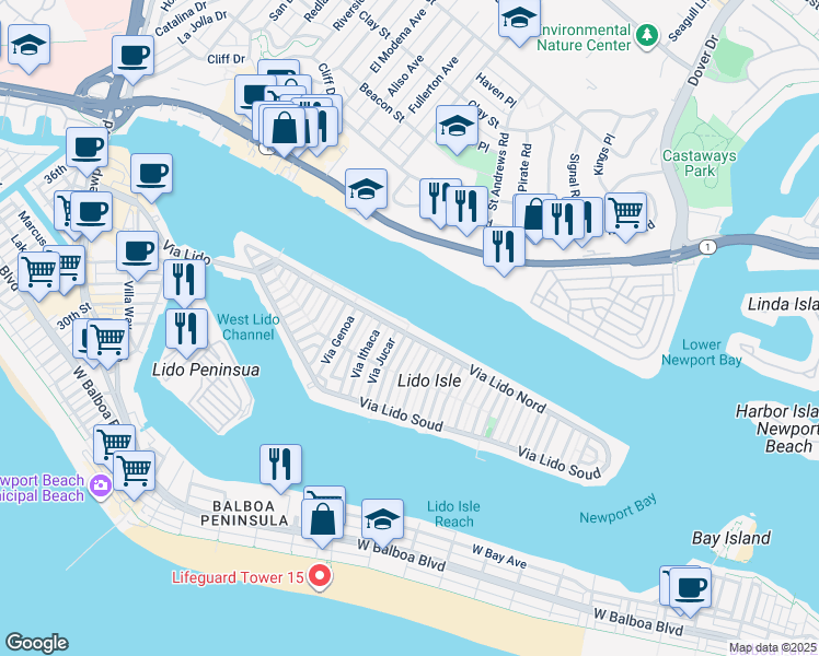 map of restaurants, bars, coffee shops, grocery stores, and more near 500 Via Lido Nord in Newport Beach