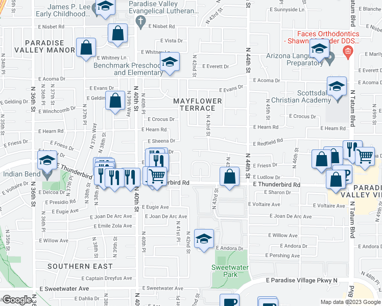 map of restaurants, bars, coffee shops, grocery stores, and more near 4201 East Sheena Drive in Phoenix