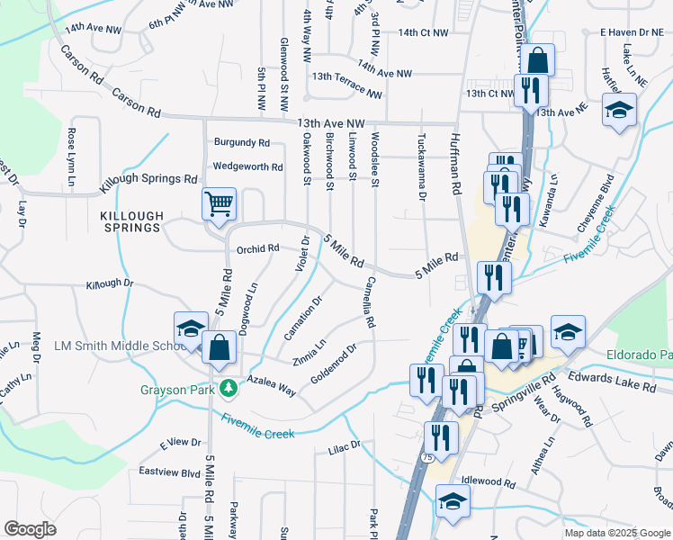 map of restaurants, bars, coffee shops, grocery stores, and more near 528 Orchid Road in Birmingham