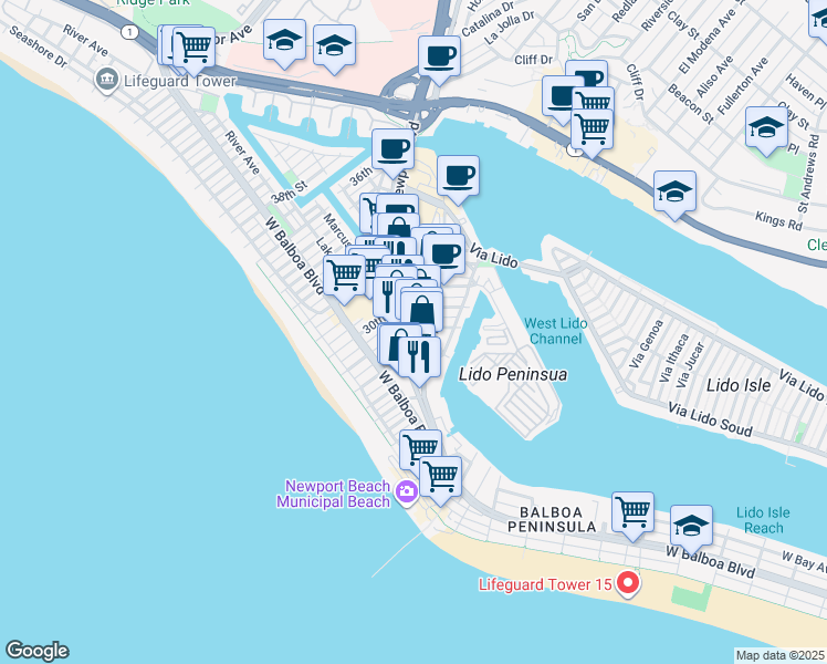 map of restaurants, bars, coffee shops, grocery stores, and more near 2819 Newport Boulevard in Newport Beach