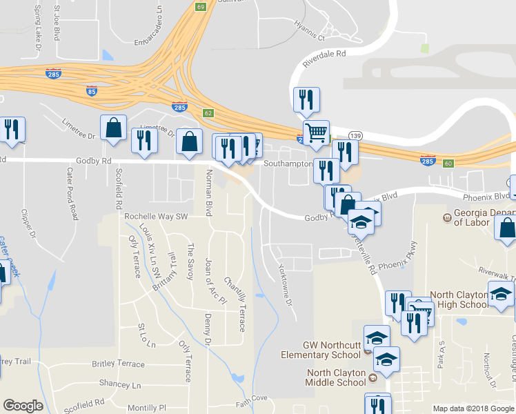 map of restaurants, bars, coffee shops, grocery stores, and more near 5165 Hanover Street in Atlanta