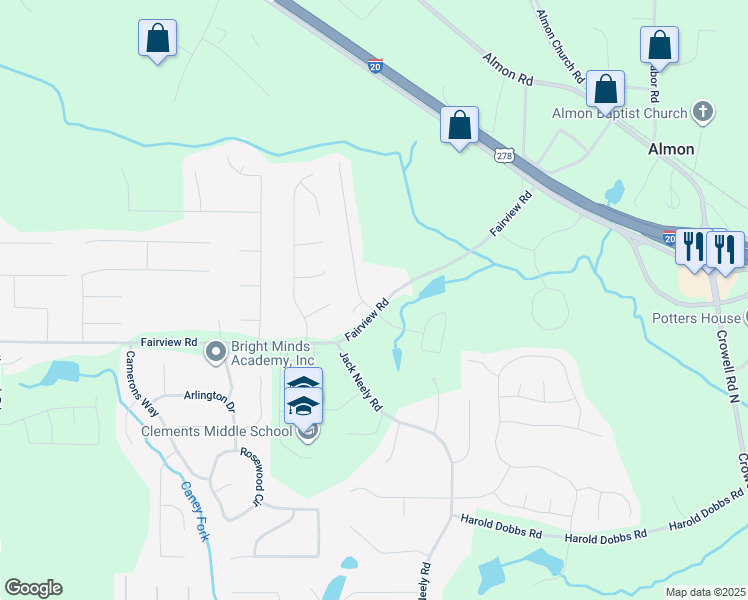 map of restaurants, bars, coffee shops, grocery stores, and more near 15 Fairclift Drive in Covington