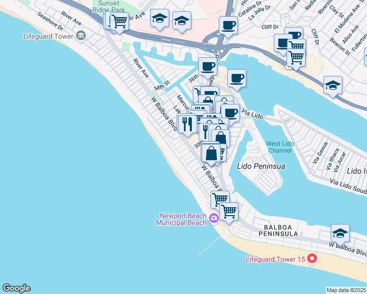 map of restaurants, bars, coffee shops, grocery stores, and more near 120 31st Street in Newport Beach