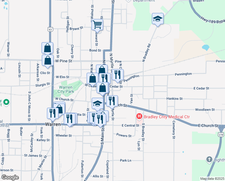 map of restaurants, bars, coffee shops, grocery stores, and more near Cypress Street East in Warren