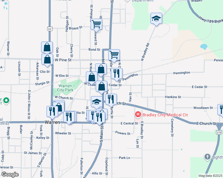 map of restaurants, bars, coffee shops, grocery stores, and more near Cypress Street East in Warren